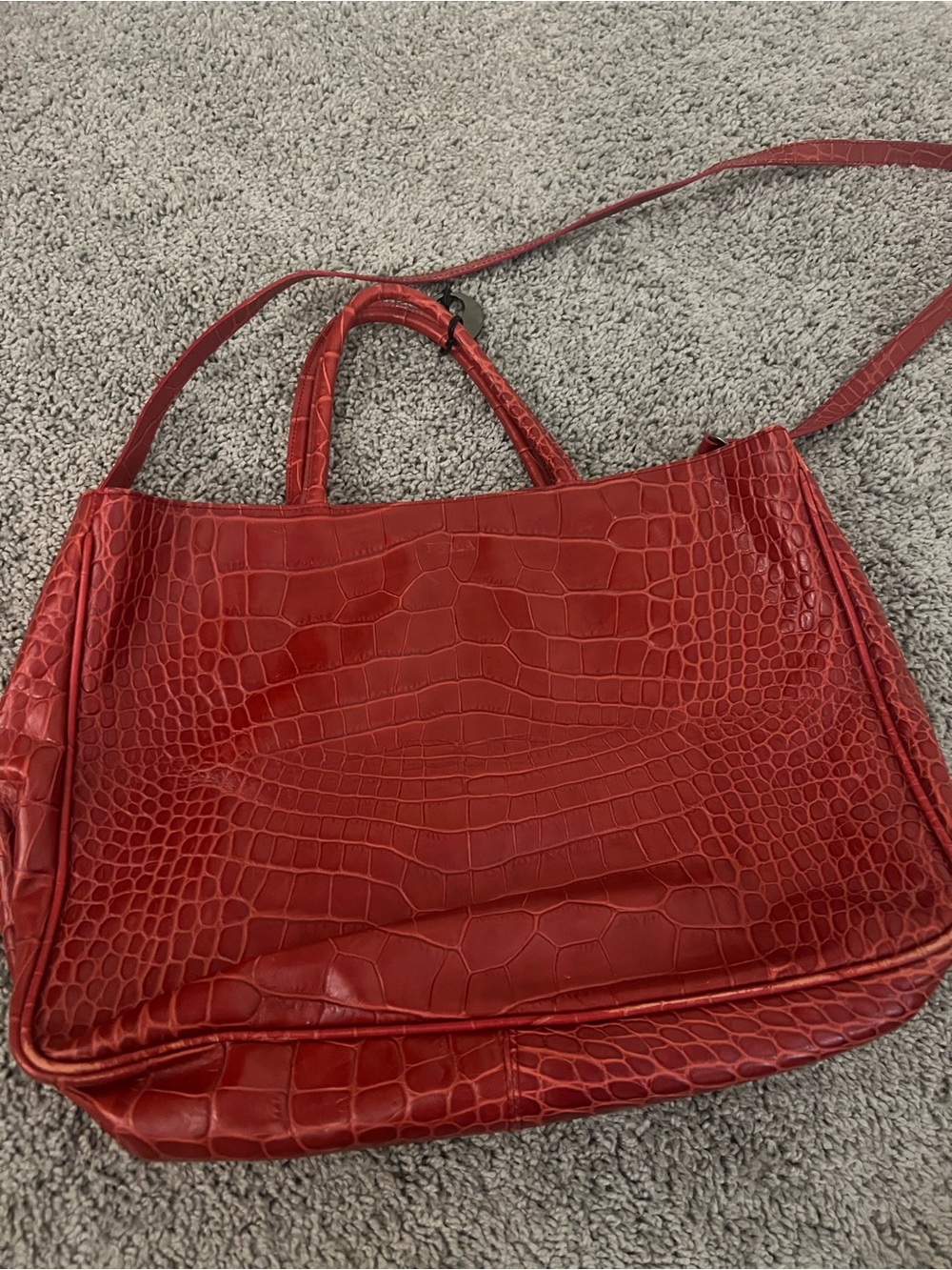 Vintage Furla Embossed Croc Leather Tote Bag Red Italian Luxury Handbag